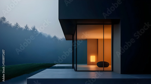 Modern House Exterior With Glass Facade At Night
