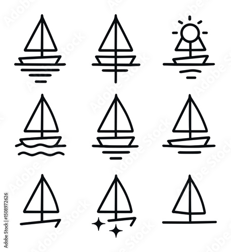 Sailboat Reflections Icons. Outline icon set of sailboat reflections: mirror hull, inverted mast, water ripple, sunbeam, calm sea,