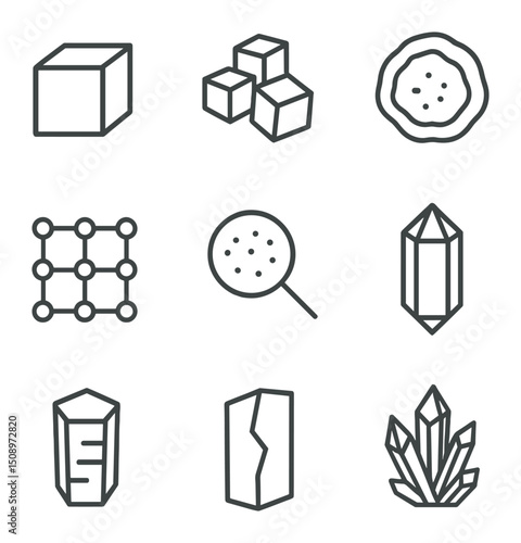 Salt Crystal Icons. Outline icon set of salt crystal structures: cubic crystal, halite cluster, geode cross-section, crystal