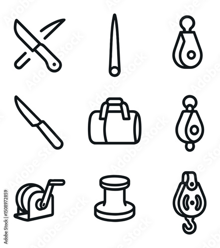 Rope Handling Icons. Outline icon set of rope handling tools: rope knife, fid, marlin spike, rope cleaver, rope bag, pulley block,