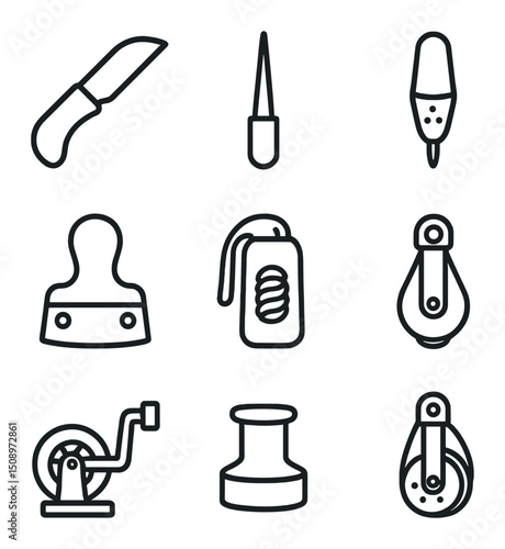 Rope Handling Icons. Outline icon set of rope handling tools: rope knife, fid, marlin spike, rope cleaver, rope bag, pulley block,