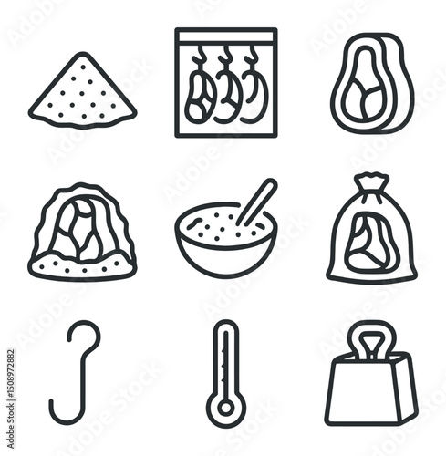 Salt Curing Icons. Outline icon set of salt curing methods: salt pile, curing chamber, meat slab, salt crust, curing mix bowl,