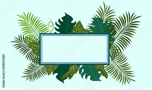 Soft Earth Tone Vectors Abstract Design Leaves, Flowers, Geometric Shapes on Green Background,tropical horizontal border frame. Vector illustration with beautiful amazon rainforest tropic plants. 