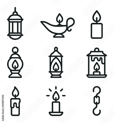Sacred Lantern Icon Set. Outline icon set of sacred lanterns and lamps: hanging lantern, oil lamp, candle flame, lamp halo, ornate