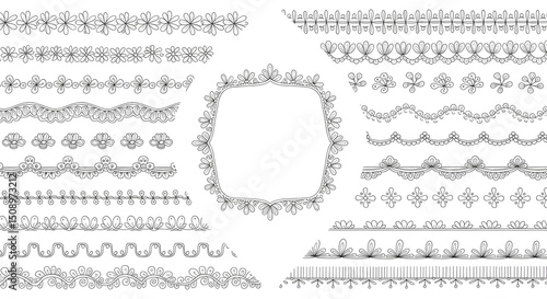 Hand drawn set of coquette borders, frames, and seamless patterns: tiny florals, soft scallops, delicate dots, subtle stripes. Whimsical vintage line art vector designs.