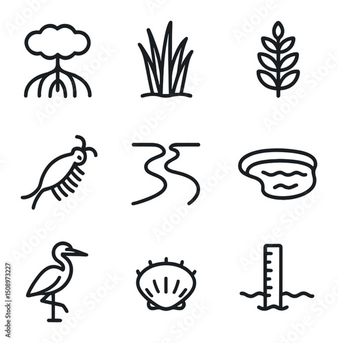 Saltwater Ecosystem Icons. Outline icon set of salt water ecosystems: mangrove roots, salt marsh grass, halophyte plant, brine