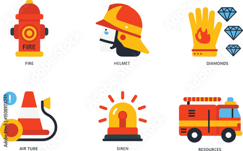 "Fire safety icons set including fire hydrant, firefighter helmet, fire-resistant glove, air tube, siren, and fire truck resources"

flat vector illustration