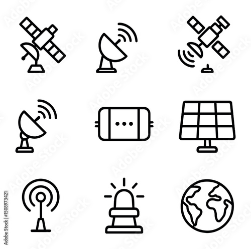 Satellite Icons Grid. Outline icon set of satellite communication systems: geostationary satellite, ground station dish, uplink