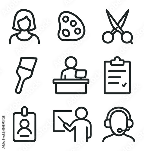 Salon Roles Icons. Outline icon set of salon professional roles: stylist silhouette, colorist palette, barber scissors, assistant