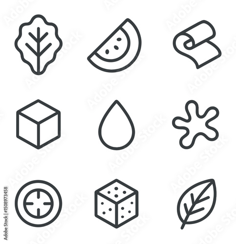 Salad Icons Grid. Outline icon set of salad arrangement: lettuce leaf, tomato wedge, cucumber ribbon, feta cube, olive drop,