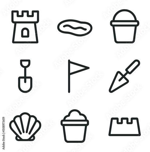 Sandcastle Icon Set. Outline icon set of sandcastle building: sandcastle turret, moat, bucket, shovel, flag, trowel, seashell