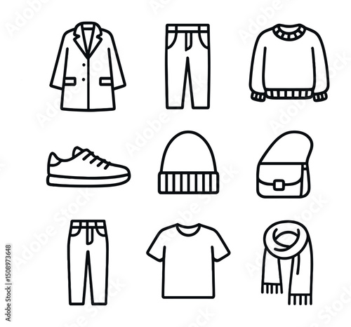 Scandinavian Style Icons. Outline icon set of Scandinavian street style: oversized coat, cropped trousers, chunky knit, white