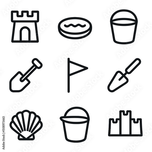 Sandcastle Icon Set. Outline icon set of sandcastle building: sandcastle turret, moat, bucket, shovel, flag, trowel, seashell