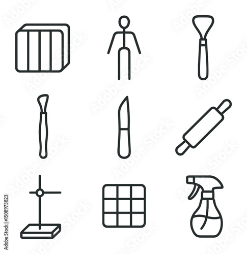 Sculpture Tools Icons. Outline icon set of sculpture and modeling tools: modeling clay, wire armature, sculpting loop, ribbon tool