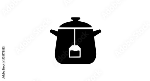 Cooking pot with teabag black and white icon