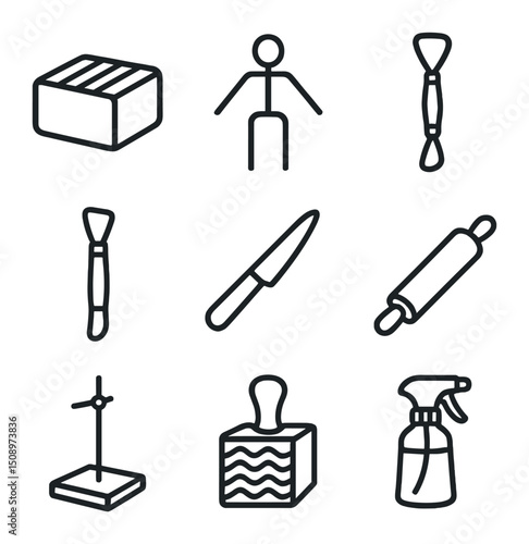 Sculpture Tools Icons. Outline icon set of sculpture and modeling tools: modeling clay, wire armature, sculpting loop, ribbon tool