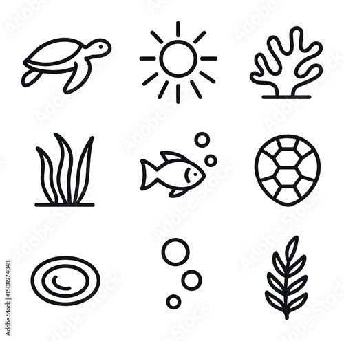 Sea Turtle Icons. Outline icon set of sea turtle gliding in sunlit water: turtle silhouette, sunray, coral patch, seagrass, fish