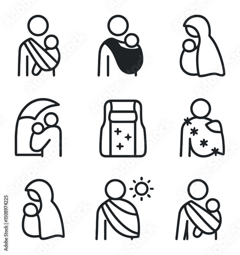 Seasonal Babywearing Icons. Outline icon set of seasonal babywearing: summer mesh wrap, winter fleece sling, rain cover, sunshade