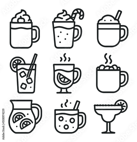 Seasonal Beverage Icons. Outline icon set of seasonal beverage favorites: pumpkin spice latte, peppermint mocha, eggnog mug, iced