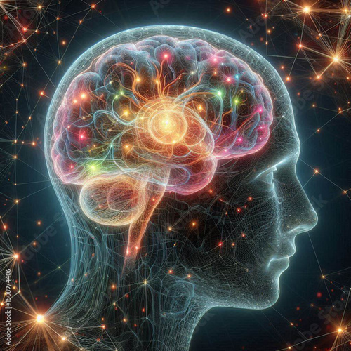 A brain scan with highlighted neural connections, representing artificial intelligence and neuroscience research in a digital art style