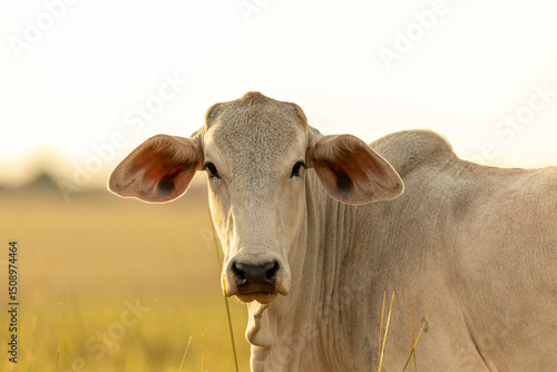 Cow portrait on pasture at sunset