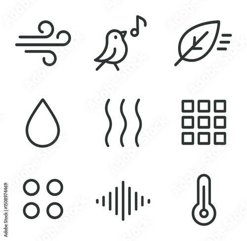 Sensory Icon Grid. Outline icon set of sensory connections: breeze swirl, bird chirp note, leaf rustle lines, water drip, scent