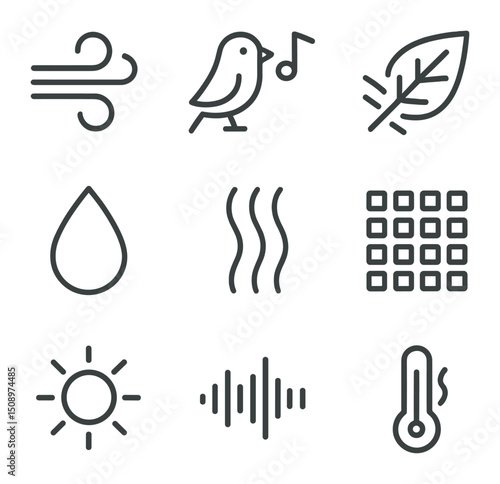 Sensory Icon Grid. Outline icon set of sensory connections: breeze swirl, bird chirp note, leaf rustle lines, water drip, scent