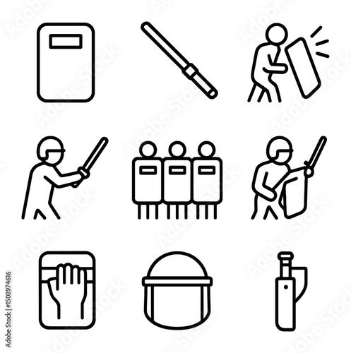 Shield and Baton Icons. Outline icon set of shield and baton defense: riot shield, telescopic baton, shield bash, baton strike,