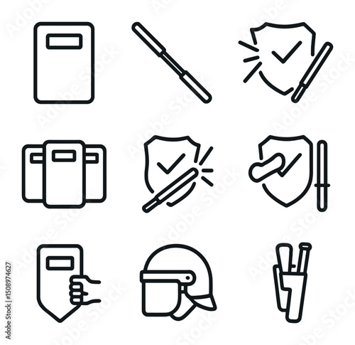 Shield and Baton Icons. Outline icon set of shield and baton defense: riot shield, telescopic baton, shield bash, baton strike,