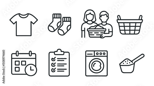 Household laundry tasks and organization icons for home management