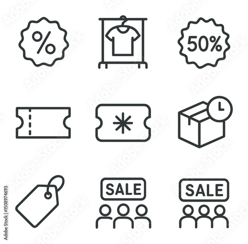 Shopping Sale Icons. Outline icon set of shopping on sale: percentage discount badge, clearance rack, “50% off” sticker, flash