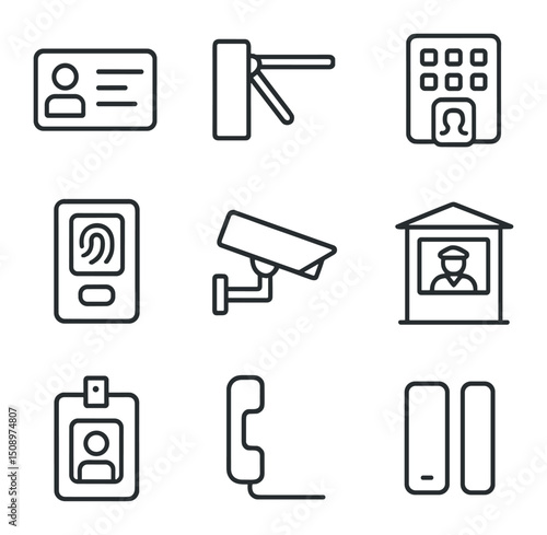 Security Icons Set. Outline icon set of building access control: access card, turnstile, keypad entry, biometric scanner, security