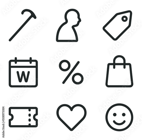 Senior Savings Icons. Outline icon set of senior savings programs: walking cane, elderly silhouette, discount tag, weekday