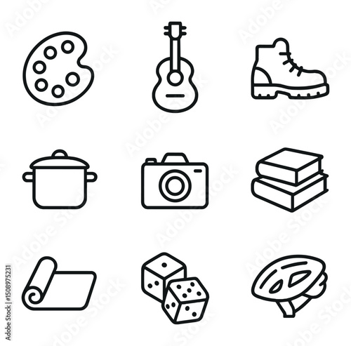 Shared Hobbies Icons. Outline icon set of shared hobbies: paint palette, acoustic guitar, hiking boot, cooking pot, camera, book