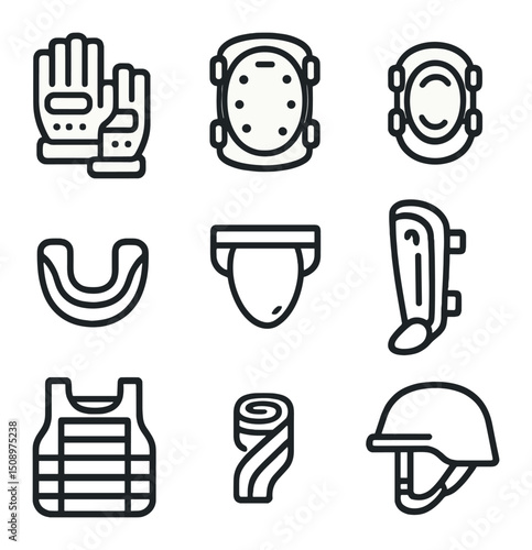 Soldier Gear Icons. Outline icon set of soldier self-defense gear: tactical gloves, knee pads, elbow pads, mouth guard, groin