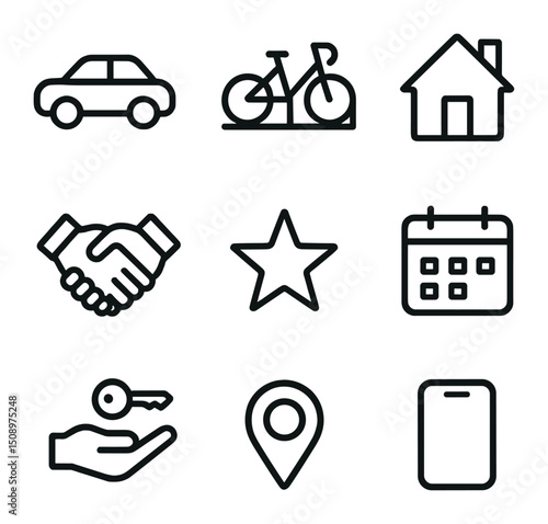 Sharing Economy Icons. Outline icon set of sharing economy platforms: car share vehicle, bike share rack, home share house,