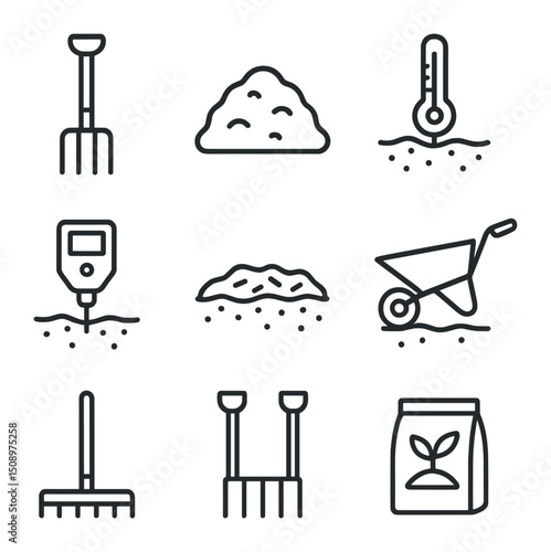 Soil Preparation Icons. Outline icon set of soil preparation for autumn: garden fork, compost pile, soil thermometer, pH tester,