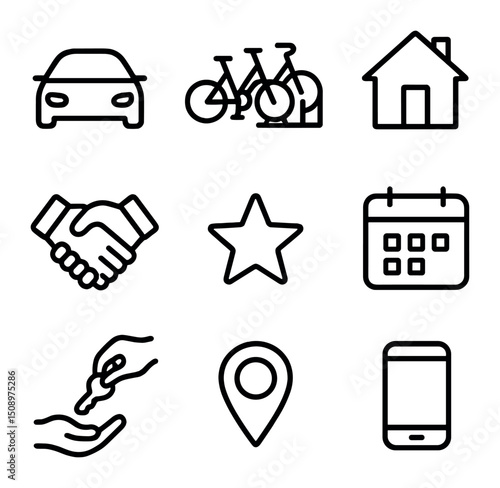 Sharing Economy Icons. Outline icon set of sharing economy platforms: car share vehicle, bike share rack, home share house,