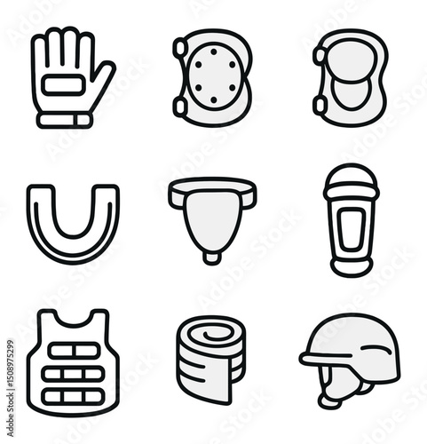 Soldier Gear Icons. Outline icon set of soldier self-defense gear: tactical gloves, knee pads, elbow pads, mouth guard, groin