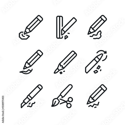 Sharpening Tools Icons. Outline icon set of sharpening for different mediums: graphite pencil, charcoal stick, colored pencil,