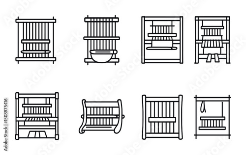 Collection of traditional looms and weaving tools for textile design