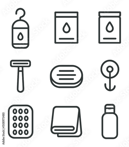 Shower Caddy Essentials. Outline icon set of shower caddy essentials: hanging shampoo, conditioner sachet, shower gel pouch, razor