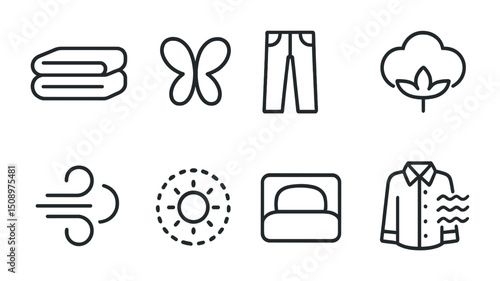 Laundry icon set featuring clothing, fabrics, and symbols for home design use
