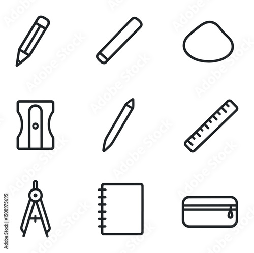 Sketching Tools Icons. Outline icon set of sketching and drawing tools: graphite pencil, charcoal stick, kneaded eraser, pencil