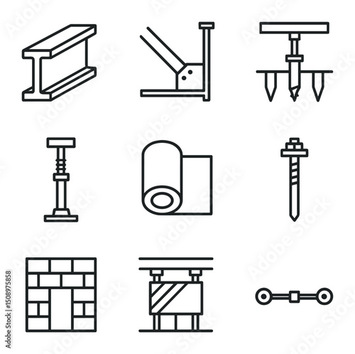 Structural Reinforcement Icons. Outline icon set of structural reinforcement techniques: steel I-beam, seismic brace bracket,