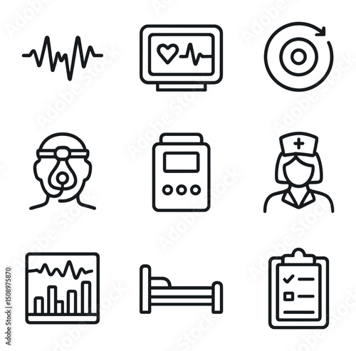 Sleep Monitoring Icon Set. Outline icon set of medical monitoring of sleepwalking: EEG waveform, heart rate monitor, motion