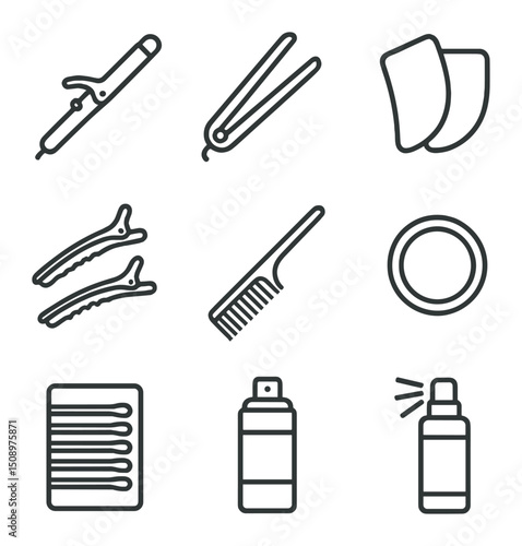 Styling Accessories Icons. Outline icon set of styling accessories display: curling iron, flat iron straightener, heat-protection