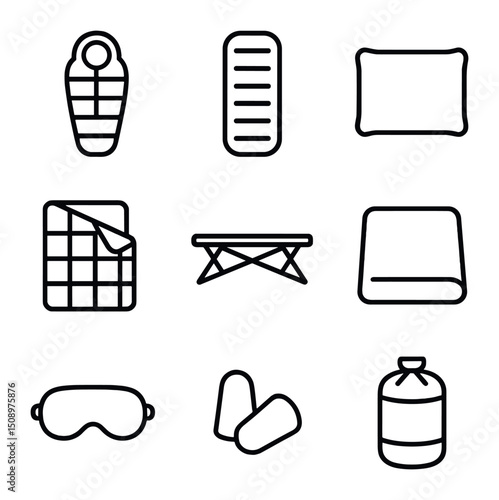 Sleeping Essentials Icons. Outline icon set of sleeping and rest essentials: sleeping bag, inflatable pad, camp pillow, quilt, cot