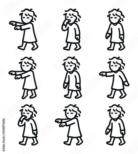 Sleepwalking Icon Set. Outline icon set of sleepwalking figure poses: outstretched arms, closed eyes, loose gown, bare feet,