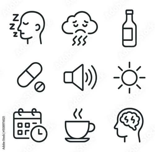 Sleepwalking Trigger Icons. Outline icon set of common sleepwalking triggers: sleep deprivation icon, stress cloud, alcohol bottle